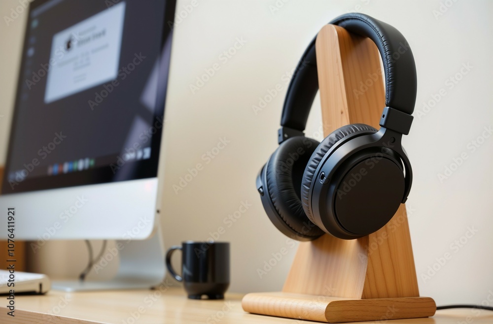 A pair of headphones placed carefully on a wooden stand beside a computer A pair of headphones placed carefully on a wooden stand beside a computer