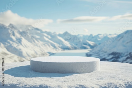 Product podium backdrop snow mountain outdoors. photo