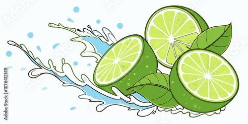 Fresh Sliced Lime Illustration with Splash of Water, delicious limes splashing