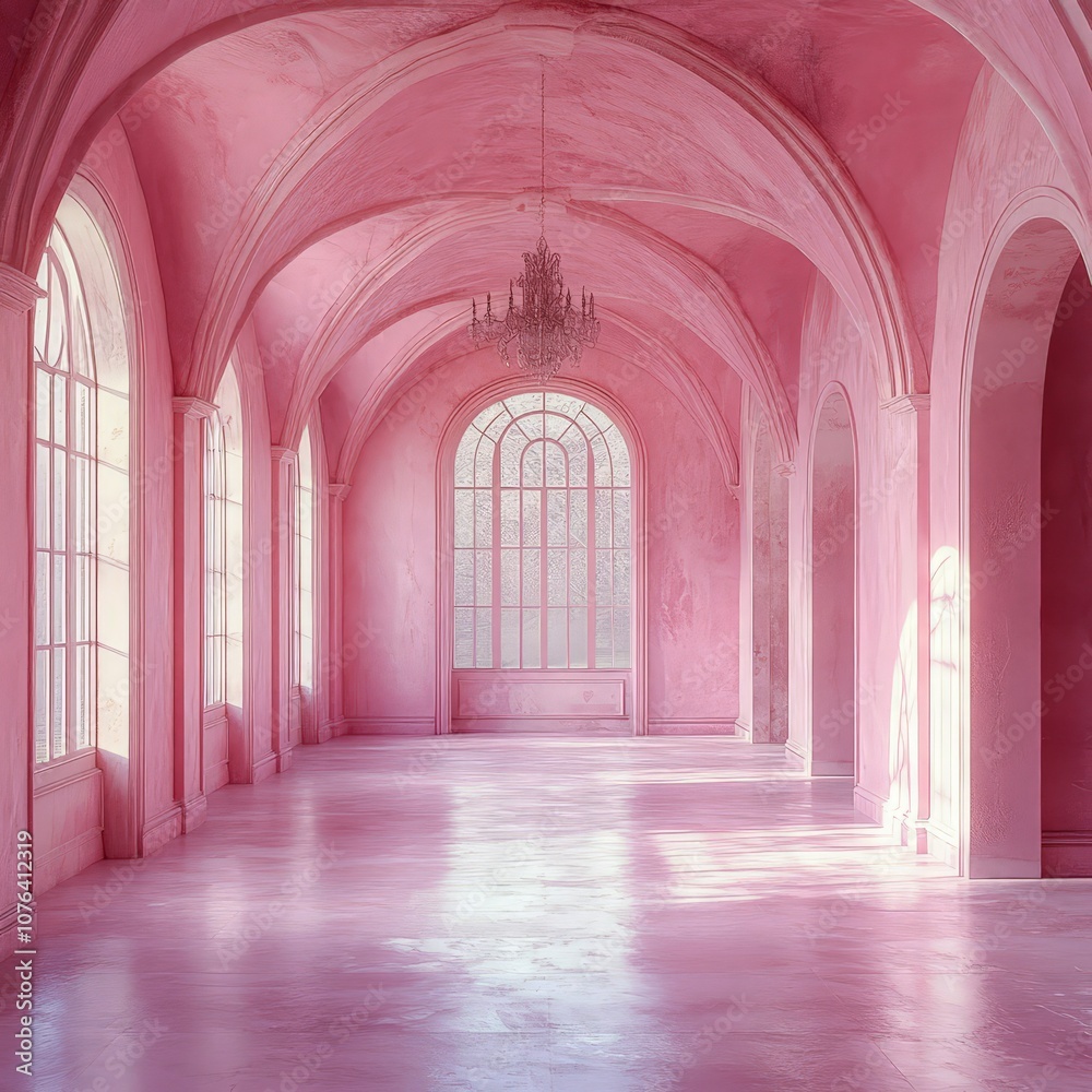 Luxurious elegant pink room with ornate windows and soft lighting Luxurious elegant pink room with ornate windows and soft lighting