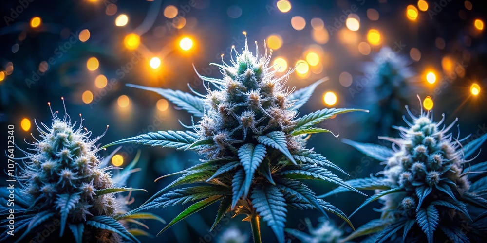 Obraz premium Captivating Low Light Photography of White Cannabis Buds Glimmering Under Dim Ambient Light, Showcasing Intricate Trichomes and Unique Textures for Nature and Health Related Themes