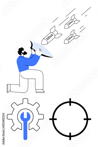 Cybersecurity expert deflecting DDoS attacks using a shield while surrounded by repair tools and target icons. Ideal for cybersecurity, IT support, threat mitigation, system protection, network