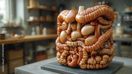 A surreal sculpture resembling internal organs made of food.