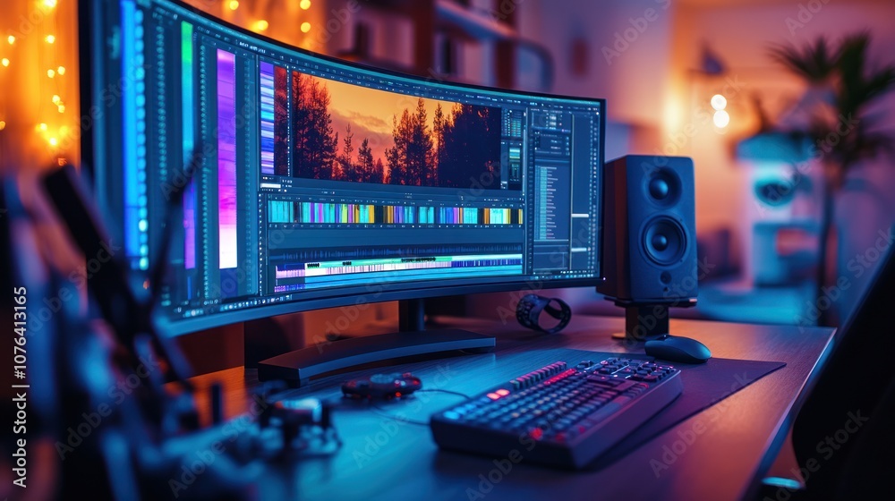 Video editing, a computer screen with a sunset backdrop image