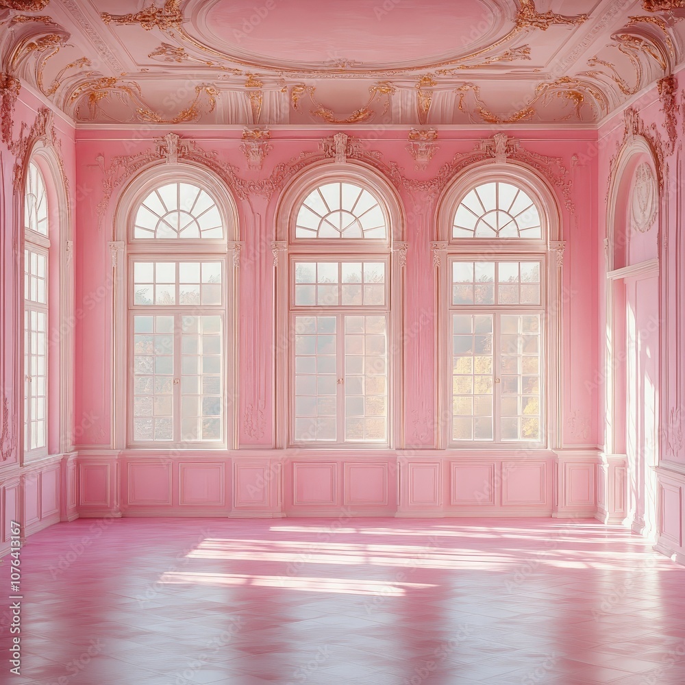 Luxurious elegant pink room with ornate windows and soft lighting Luxurious elegant pink room with ornate windows and soft lighting