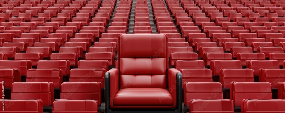 Fototapeta premium A striking image of a single red chair amidst a sea of empty red seats, evoking feelings of solitude and focus.