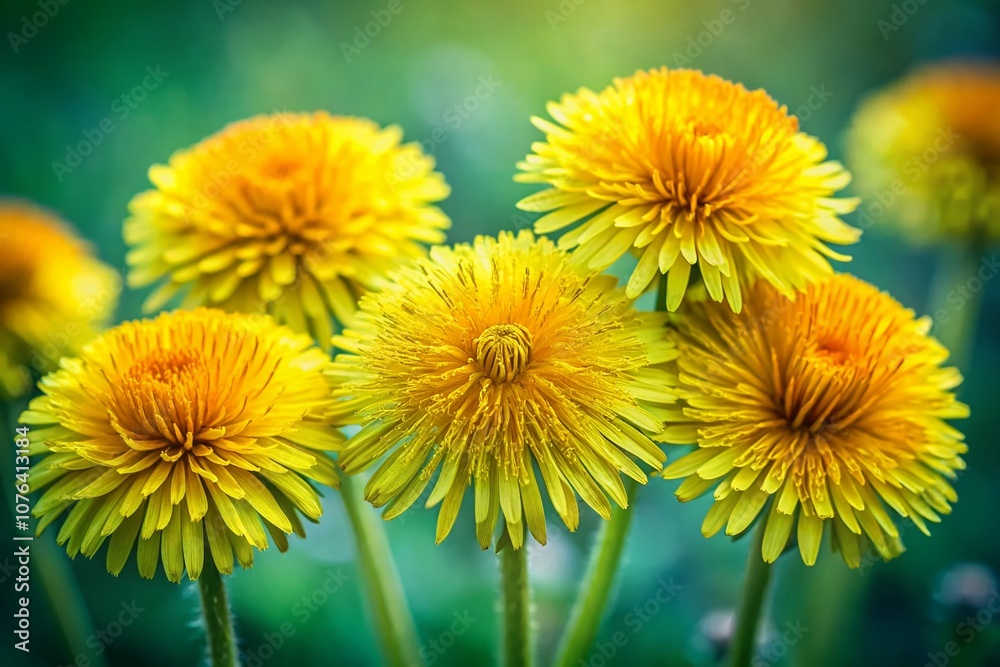 Fototapeta premium Captivating Macro Photography of Seven Bright Yellow Dandelion Flowers in Nature, Showcasing Their Unique Details and Vibrant Colors Against a Soft Green Background