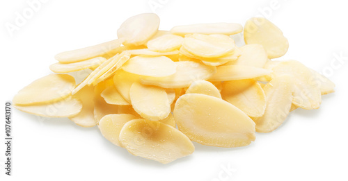 Almond flakes, slices of blanched almonds nuts isolated on white background. File contains clipping paths. photo