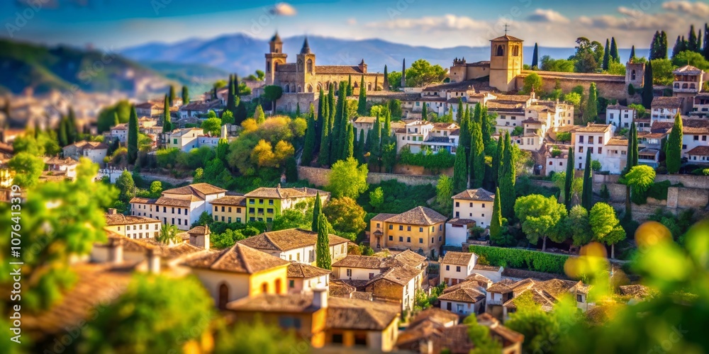 Fototapeta premium Captivating Macro View of Albaicin Neighborhood in Granada from Alhambra, Showcasing Unique Architecture and Lush Gardens Against a Stunning Landscape