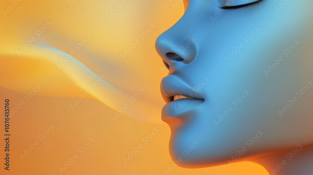 Serene Exhalation: Close-up profile of a tranquil face exhaling a gentle, vibrant plume of air, emphasizing breath, inner peace, and mindfulness. Serene Exhalation: Close-up profile of a tranquil face exhaling a gentle, vibrant plume of air, emphasizing breath, inner peace, and mindfulness.