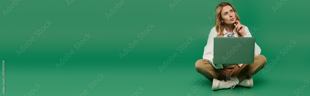 A woman with curly hair is seated on a green backdrop, thoughtfully gazing while holding a laptop. A woman with curly hair is seated on a green backdrop, thoughtfully gazing while holding a laptop.