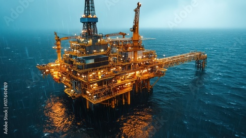 Oil platform sea night, epic rain storm, dark and moody, blue overtone