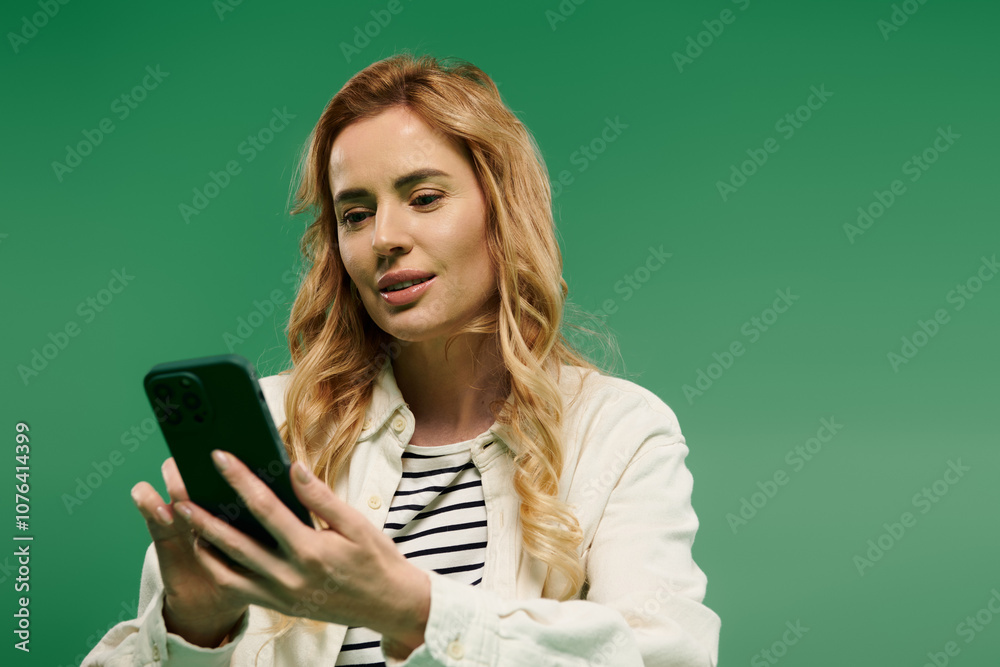 A stylish woman with curly hair enjoys her time looking at her smartphone on a bright green backdrop. A stylish woman with curly hair enjoys her time looking at her smartphone on a bright green backdrop.