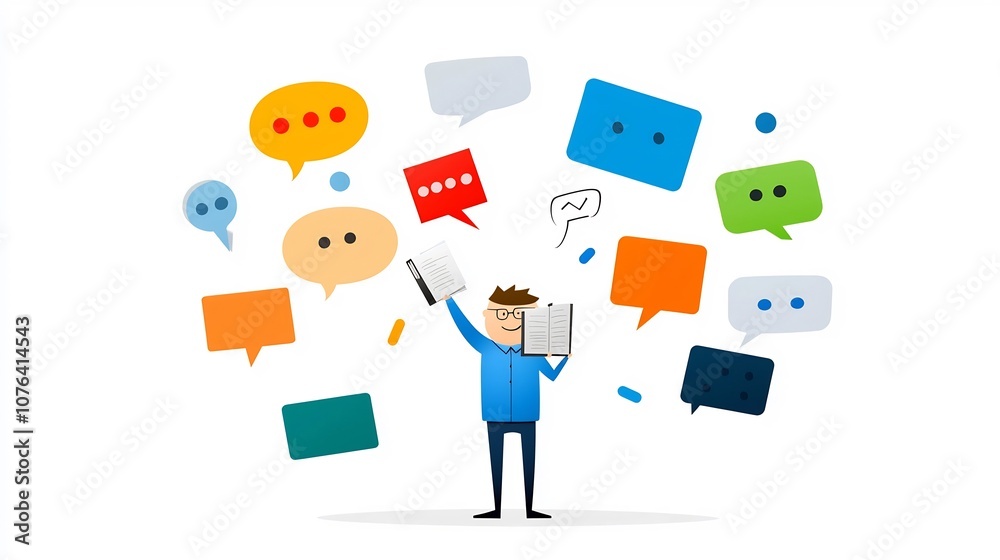 Flat of a businessman in a professional blue outfit holding a notebook and surrounded by speech bubbles in various colors symbolizing the concepts of teamwork