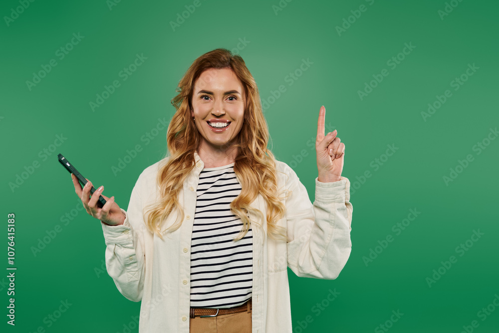 A cheerful woman with curly hair excitedly raises her finger while holding her phone, set against green. A cheerful woman with curly hair excitedly raises her finger while holding her phone, set against green.