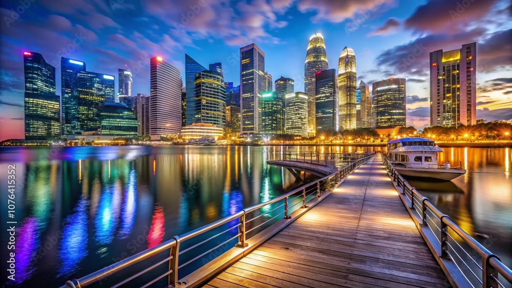 Captivating Night Photography of Marina Bay Pier in Singapore Showcasing Stunning City Lights and Reflections on Water, Ideal for Travel and Urban Aesthetic Themes Captivating Night Photography of Marina Bay Pier in Singapore Showcasing Stunning City Lights and Reflections on Water, Ideal for Travel and Urban Aesthetic Themes