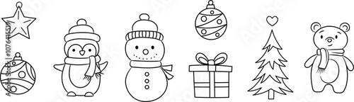 Cute Christmas line art illustration, minimalist vector holiday clip art set, isolated