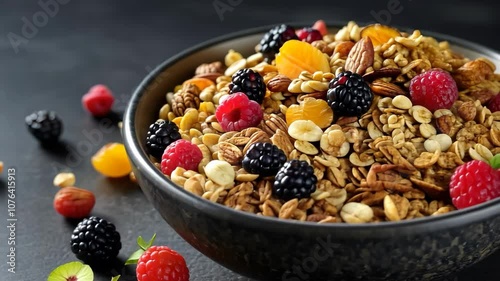 Video footage of bowl of granola with various nuts, dried fruits, and fresh berries on a dark background, showcasing a healthy and colorful breakfast option