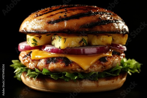 A grilled chicken burger topped with pineapple, red onion, and cheese