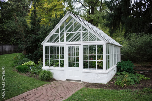 Small Cottage-Style Greenhouse with White Walls for a Cozy Backyard