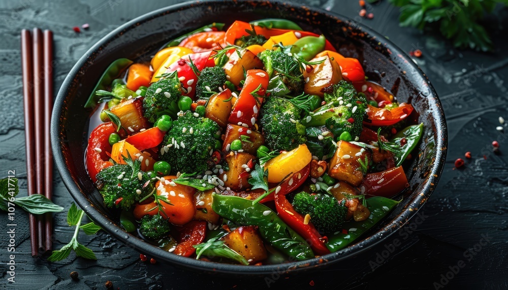 A Bowl of Stir-Fried Vegetables with Sesame Seeds A Bowl of Stir-Fried Vegetables with Sesame Seeds