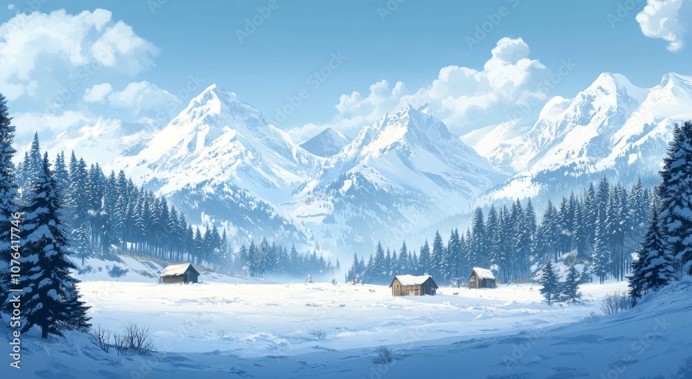 Serene winter village scene with snowy rooftops pine trees and mountains cartoon 3D background with warm inviting tones Serene winter village scene with snowy rooftops pine trees and mountains cartoon 3D background with warm inviting tones