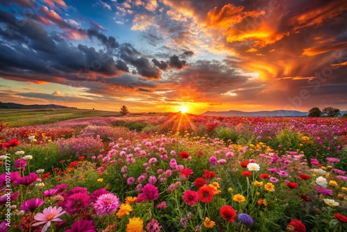 Captivating Product Photography of a Vibrant Field of Flowers Bathed in the Warm Glow of Sunset, Perfect for Nature Lovers and Floral Enthusiasts Seeking Stunning Visuals