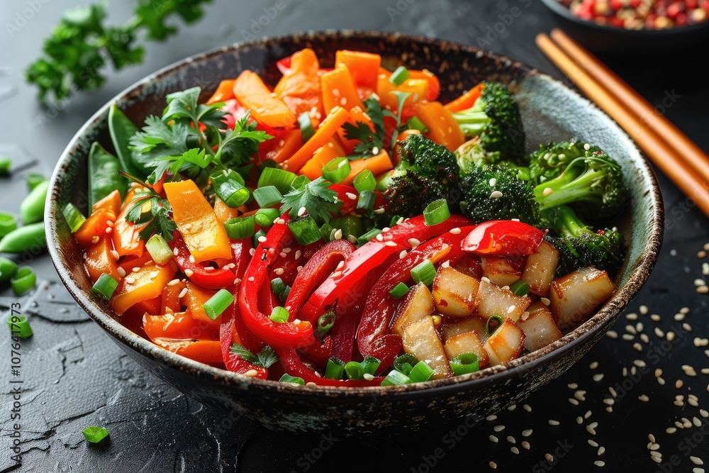Bowl of Stir-fried Vegetables and Tofu with Sesame Seeds Bowl of Stir-fried Vegetables and Tofu with Sesame Seeds