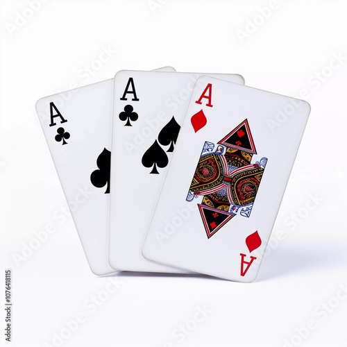 Three playing cards showing three aces, emphasizing a winning hand in card games. photo