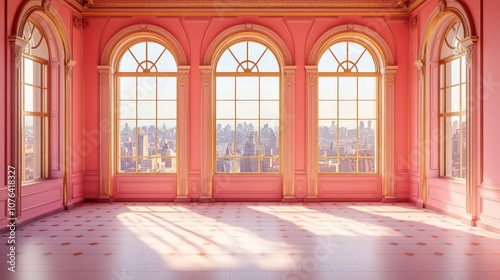 Elegant Pink Room with Sunlight Streaming Through Arched Windows