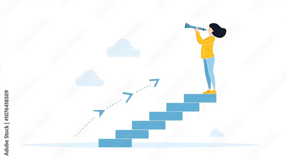 of a young woman using a telescope while standing on top of ascending blue arrow steps symbolizing ambition forward looking goals and optimistic vision for the future of a young woman using a telescope while standing on top of ascending blue arrow steps symbolizing ambition forward looking goals and optimistic vision for the future