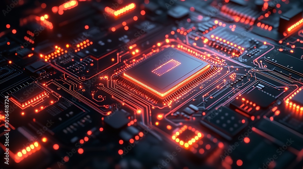 Digital circuits and glowing points on a dark technology background Digital circuits and glowing points on a dark technology background