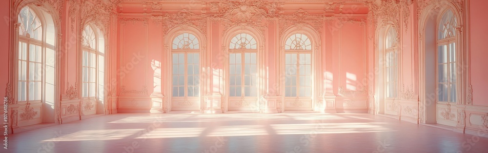 Luxurious elegant pink room with ornate windows and soft lighting Luxurious elegant pink room with ornate windows and soft lighting
