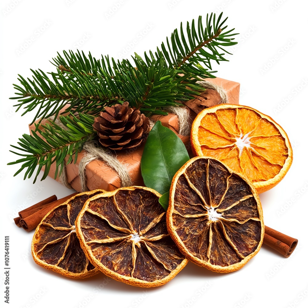 A festive arrangement featuring dried orange slices, pinecones, cinnamon sticks, and evergreen foliage, perfect for holiday decorating. A festive arrangement featuring dried orange slices, pinecones, cinnamon sticks, and evergreen foliage, perfect for holiday decorating.