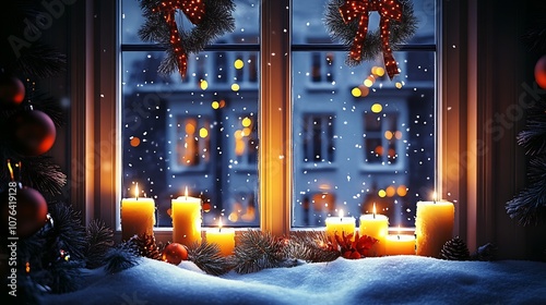 Warm and Cozy Candlelit Winter Scene Through Frosty Window with Snow and Ribbons : Generative AI photo