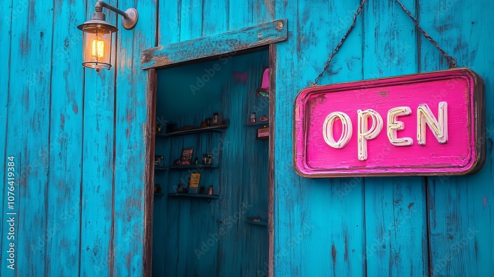Bright pink open sign hanging against a vibrant blue wooden wall Bright pink open sign hanging against a vibrant blue wooden wall
