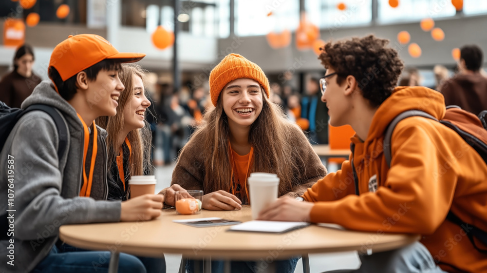 Group of young friends sitting at a table in a social setting, wearing casual orange clothing, with happy expressions and surrounded by orange decorations in a bright, open space. Group of young friends sitting at a table in a social setting, wearing casual orange clothing, with happy expressions and surrounded by orange decorations in a bright, open space.