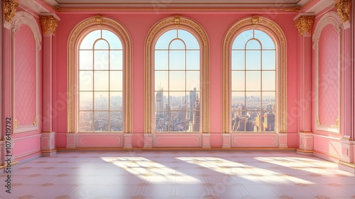 Elegant Pink Room with Sunlight Streaming Through Arched Windows