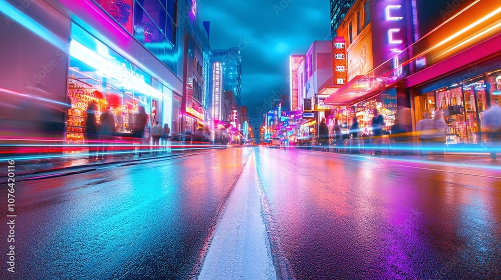 Obraz premium Neon-Lit Street at Night with Shops, Bars, and Bustling City Atmosphere