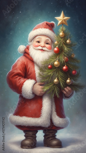 Santa Claus with a Christmas tree, gentle pastel colors, oil painting