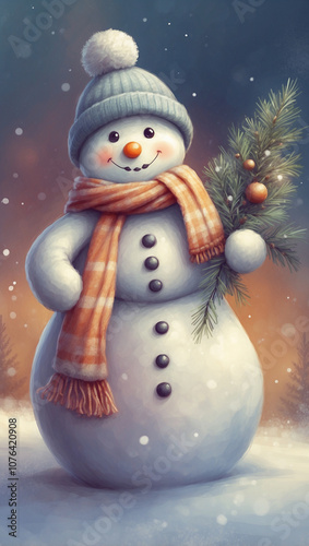 snowman in a hat and scarf with a Christmas tree in his hands against the backdrop of a snowy forest, gentle pastel colors, oil painting