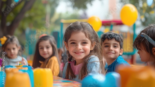 Outdoor Children's Party with Smiling Kids Around Decorated Tables, Enjoying a Fun and Festive Celebration with Balloons and Friends in a Colorful Playground Setting