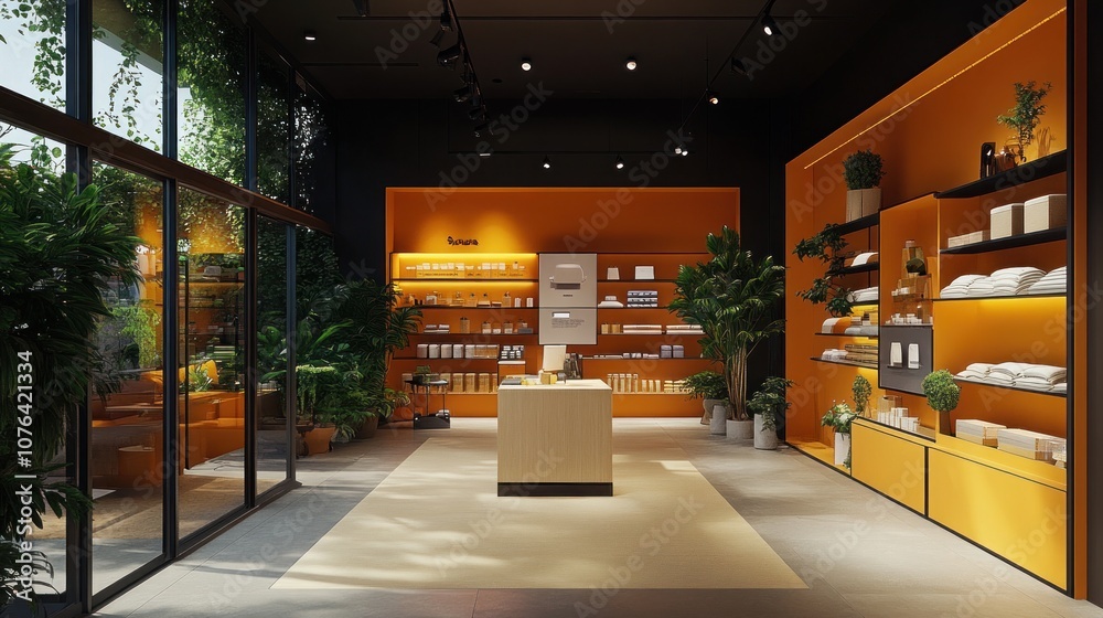 Modern Retail Store Interior Design with Yellow Walls and Plants Modern Retail Store Interior Design with Yellow Walls and Plants