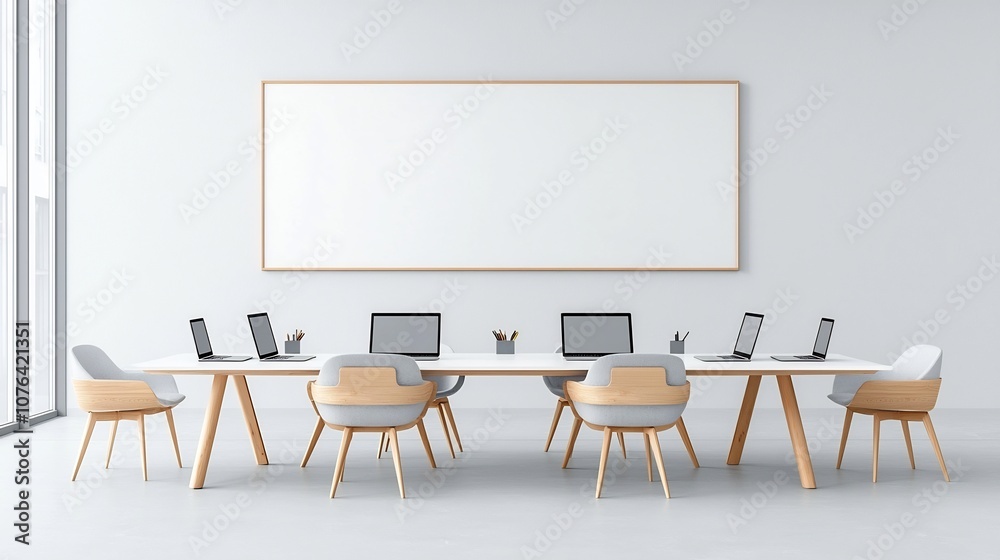 Clean and modern office layout featuring a collaborative worktable with six laptops a blank wall ideal for product or presentation mockups and a soothing color scheme designed to be easy on the eyes Clean and modern office layout featuring a collaborative worktable with six laptops a blank wall ideal for product or presentation mockups and a soothing color scheme designed to be easy on the eyes