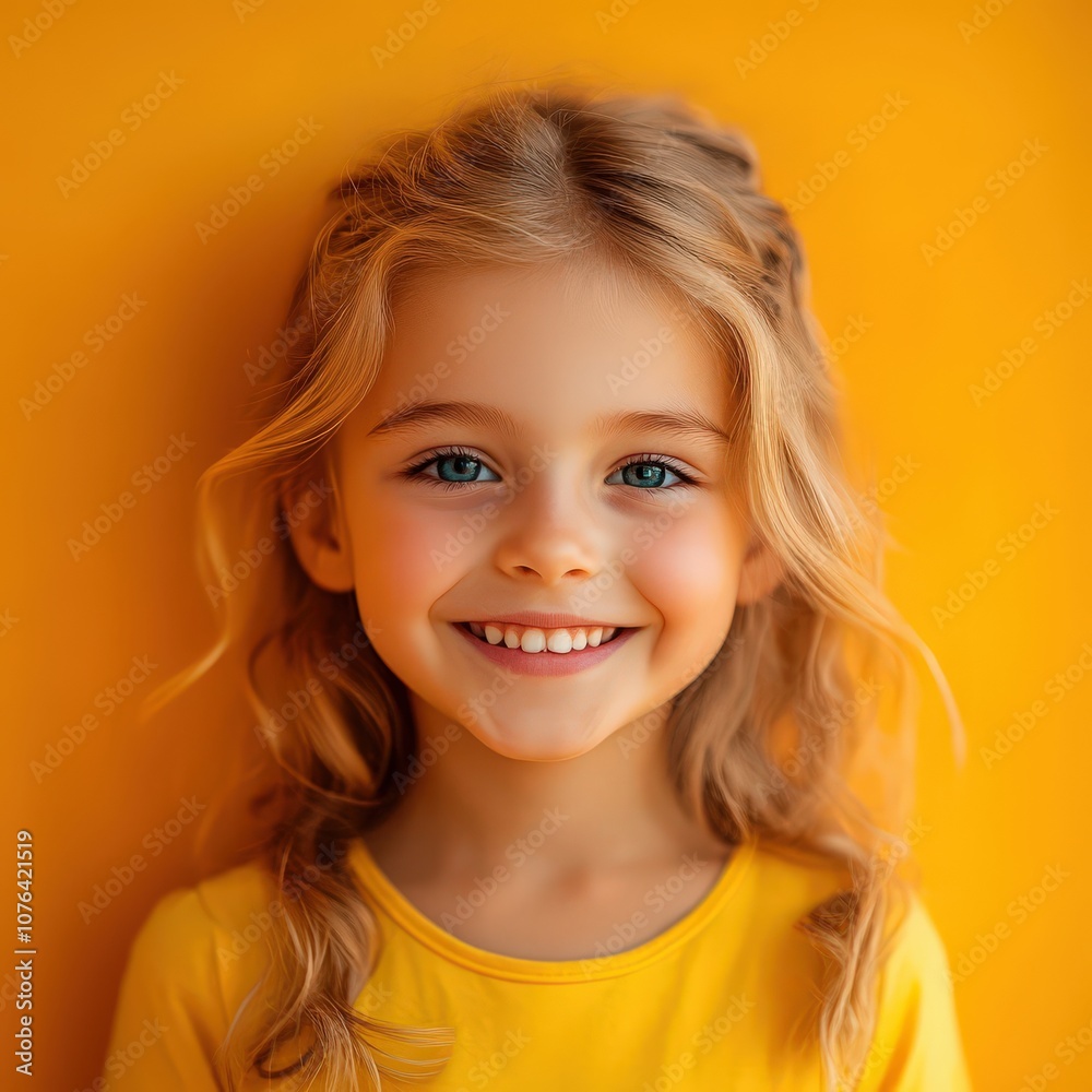 Bright Portrait of a Smiling Young Girl Against a Vibrant Yellow Background, Capturing Her Joyful Expression and Innocent Charm in a Colorful, Radiant, and Cheerful Setting