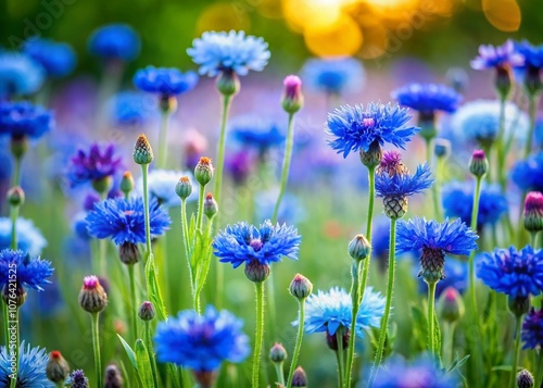 Captivating Tilt-Shift Photography of Vibrant Cornflowers in Full Bloom Amidst a Lush Green Field, Highlighting Nature's Beauty with a Dreamy, Miniature Effect