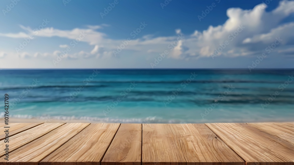 wooden board and blurred sparkling sea at the background. It is possible to place your product. Summer holiday concept wooden board and blurred sparkling sea at the background. It is possible to place your product. Summer holiday concept