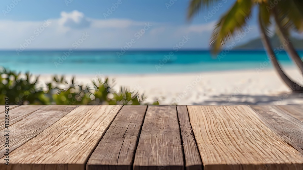 Fototapeta premium wooden board and blurred sparkling sea at the background. It is possible to place your product. Summer holiday concept