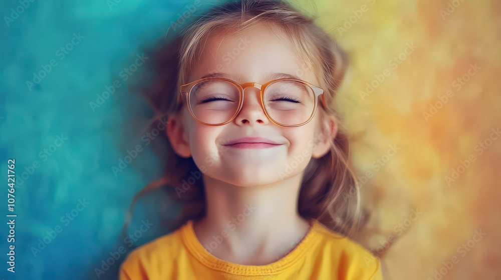Cheerful Young Girl Smiling with Glasses Against a Colorful Background, Radiating Innocent Joy and Playful Energy in a Vibrant Portrait Capturing Childhood Happiness Cheerful Young Girl Smiling with Glasses Against a Colorful Background, Radiating Innocent Joy and Playful Energy in a Vibrant Portrait Capturing Childhood Happiness