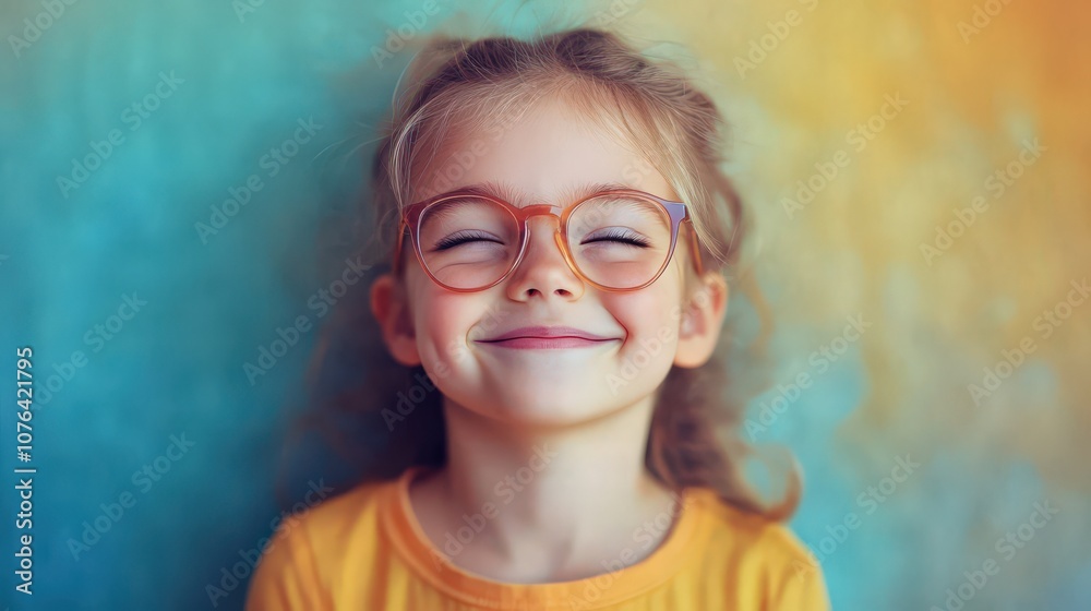 Cheerful Young Girl Smiling with Glasses Against a Colorful Background, Radiating Innocent Joy and Playful Energy in a Vibrant Portrait Capturing Childhood Happiness Cheerful Young Girl Smiling with Glasses Against a Colorful Background, Radiating Innocent Joy and Playful Energy in a Vibrant Portrait Capturing Childhood Happiness
